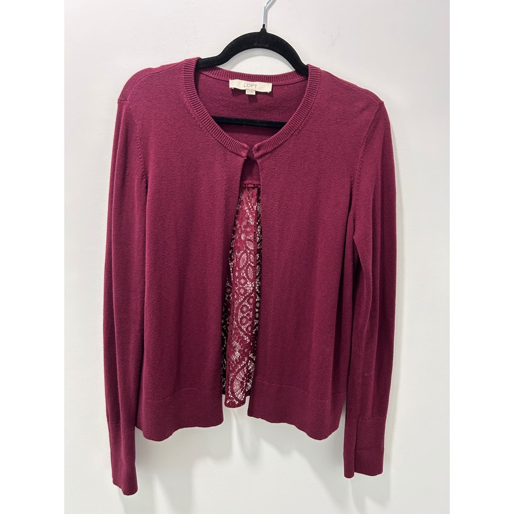 Loft Burgundy Lace Back Cardigan Sweater Womens Medium Wine Red Hook Eye Knit